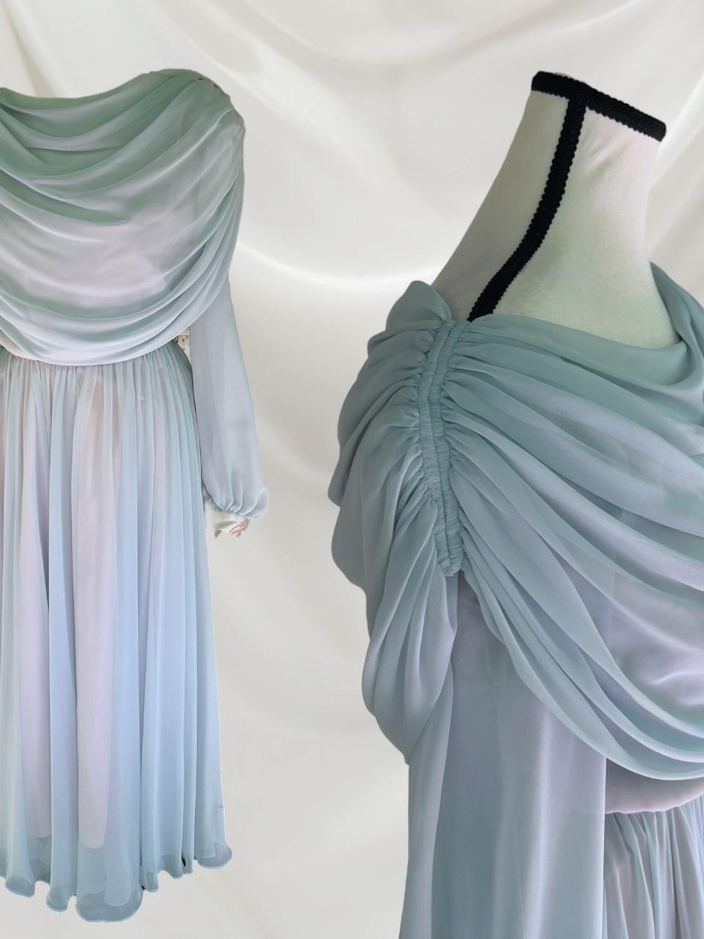 Elegant Ruched Chiffon Evening Dress in Soft Sage